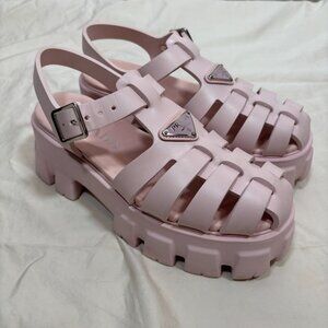 Prada Womens Monolith Rubber Cage Sandals Baby Pink Platform Slingback Size 38